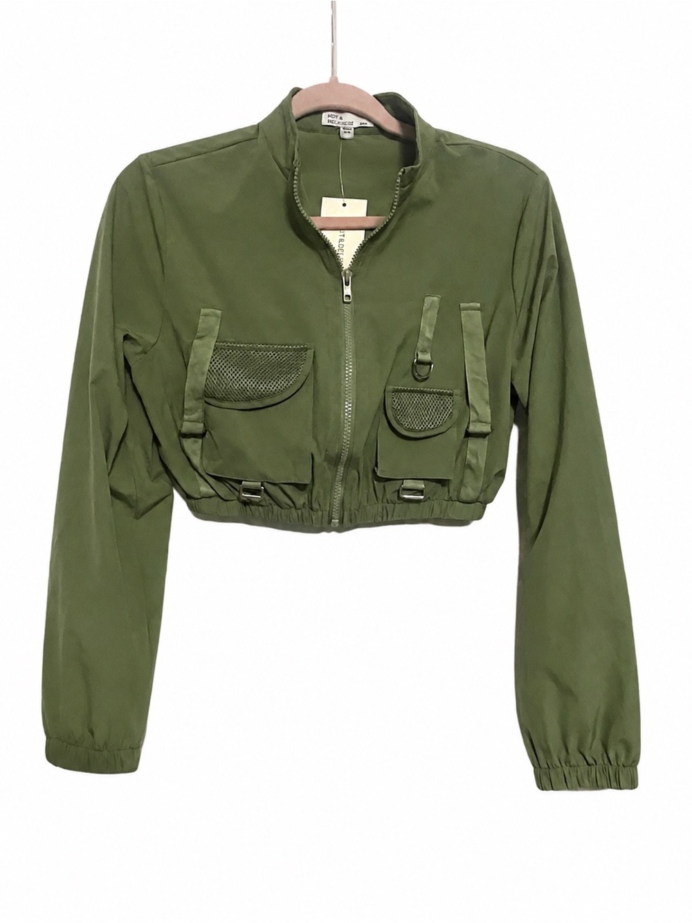 NWT Hot & Delicious Cropped Utility Cargo Jacket Small Olive Green Mesh Pockets